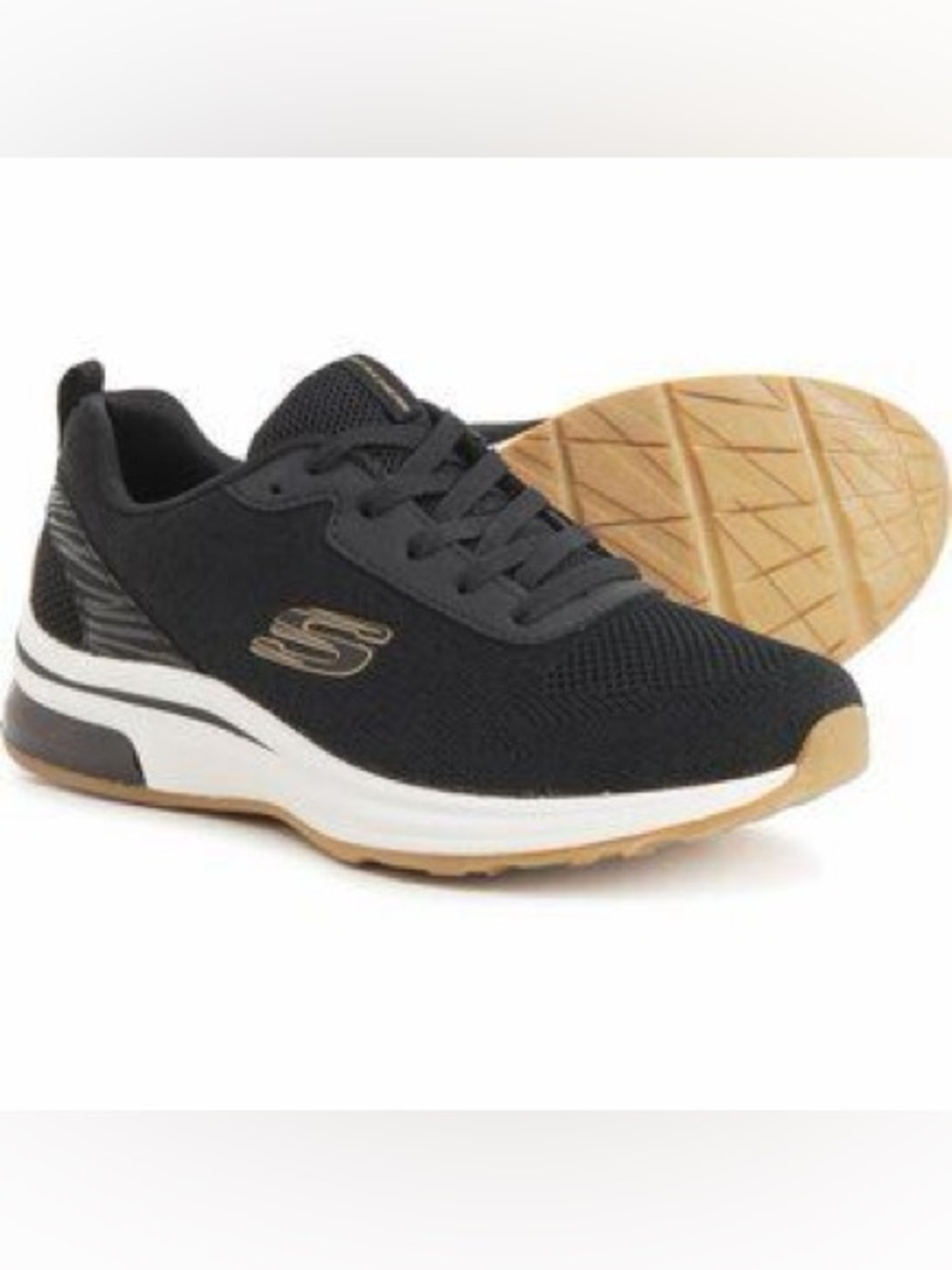 Skechers Women’s Black Athletic Lace-Up Sneakers with White Midsole & Gold Logo